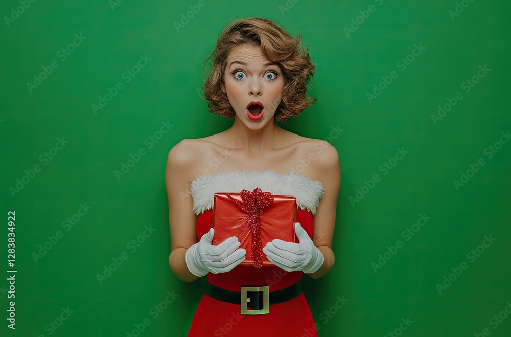 Wall mural an attractive woman in a Santa Claus costume, holding a Christmas present against a green background.