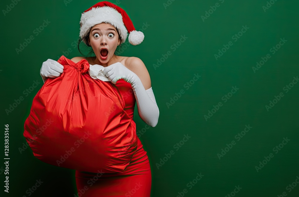 Wall mural an attractive woman in a Santa Claus costume, holding a Christmas present against a green background.