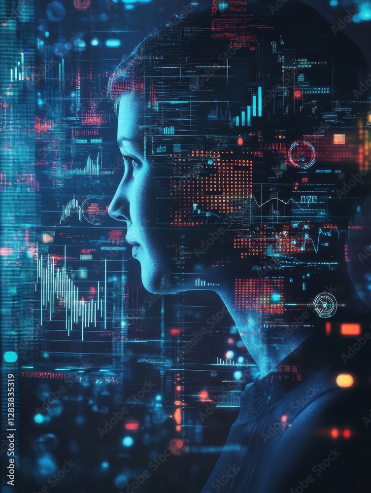 Poster Human silhouette filled with futuristic AI graphs and analytical charts representing digital transformation in technology. Generative AI