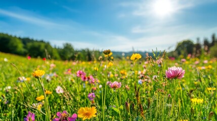 Fototapeta premium Close-up of vibrant wildflowers, including pink cosmos, green grass, and bright colors. Bokeh effect and natural sunlight create a dreamy summer atmosphere.