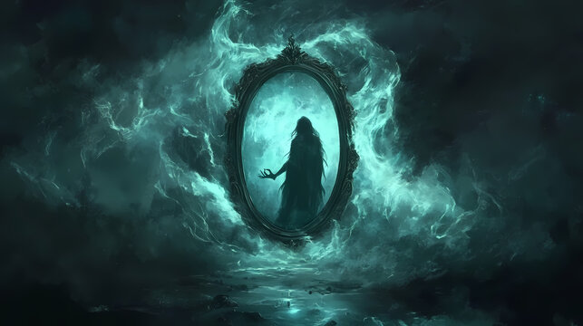 Mysterious mirror reflecting an evil sorcerer s true form, dark sorcery swirling around, threatening to escape into reality. Portal to the Netherworld. Illustration