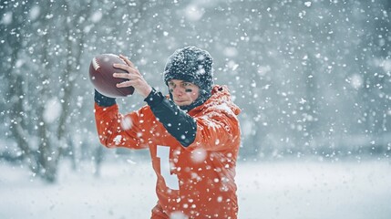 A quarterback training in the snow with a football. Featuring focus and adaptability