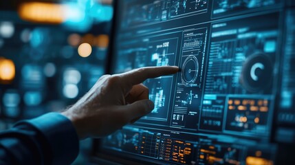 Fototapeta premium examine hand of inspector with data base of Scada system on computer screen to inspect power plant factory.