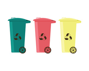 Trash can. Plastic garbage collection tank. A red, yellow and green trash can. A garbage recycling bin. Vector illustration isolated on a white background