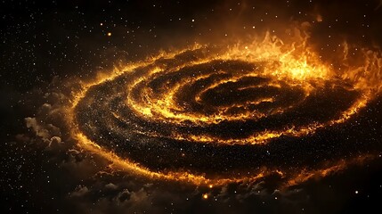 Fiery spiral galaxy swirling in the cosmos, surrounded by stars and cosmic dust, evoking wonder