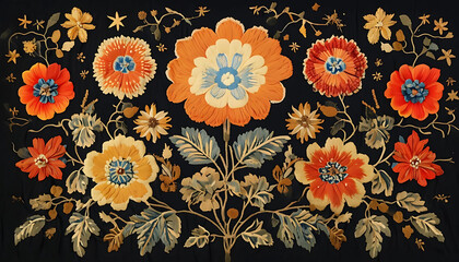 Elaborate Floral Tapestry On Solid Black Background