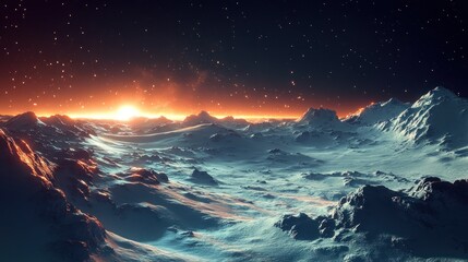 Fototapeta premium Frozen alien landscape sunrise over mountains