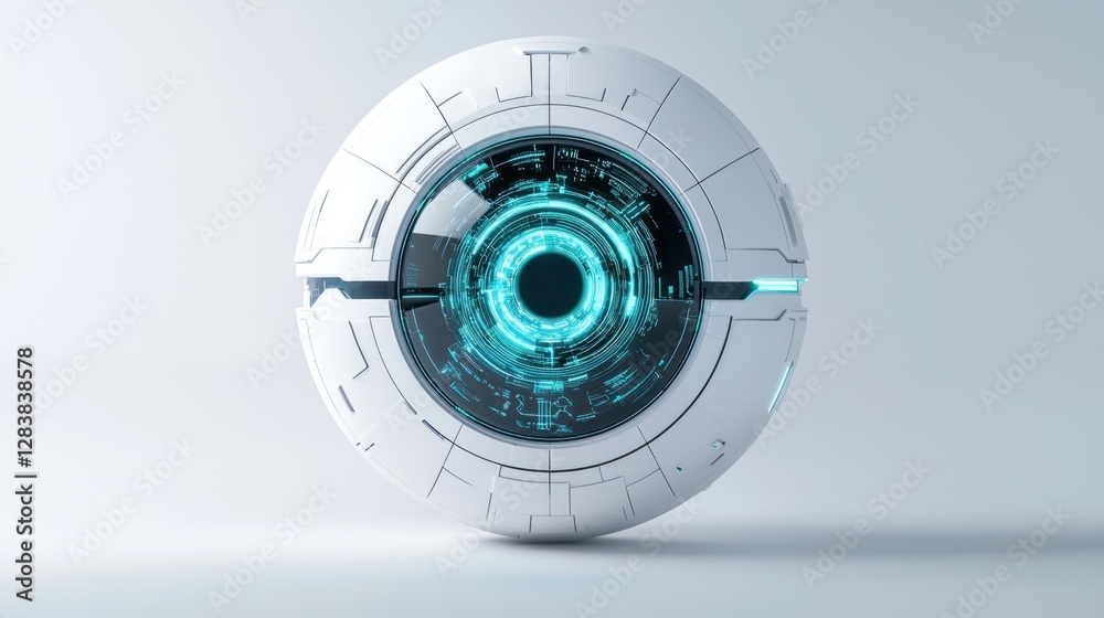 Poster futuristic round robot core with blue glowing elements and intricate circuit designs for high-tech c