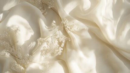 Fototapeta premium Soft white fabric with delicate flowers, creating ethereal atmosphere