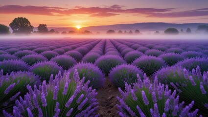 Obraz premium Lavender Field at Sunrise with Mist