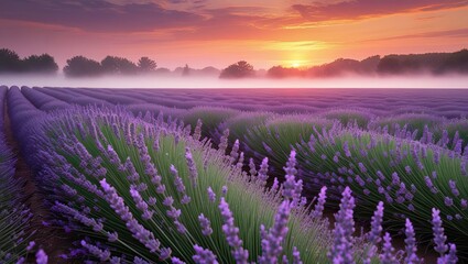 Fototapeta premium Lavender Field at Sunrise with Mist