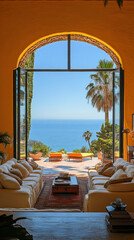 Fototapeta premium bright living room with large windows showcasing stunning ocean view. warm yellow walls and lush greenery create vibrant , perfect for relaxation
