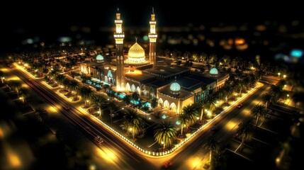 Fototapeta na wymiar Majestic Mosque Illuminated at Night Surrounded by Palm Trees