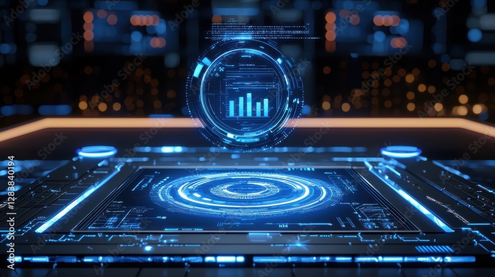 Poster futuristic data visualization and analysis interface with digital graphs and glowing elements in a m