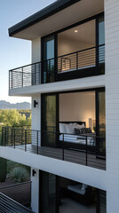 Fototapeta premium Modern bedroom with balcony, sleek design, large windows, mountain view, contemporary architecture, outdoor space, natural light, stylish decor, peaceful retreat, minimalist aesthetic