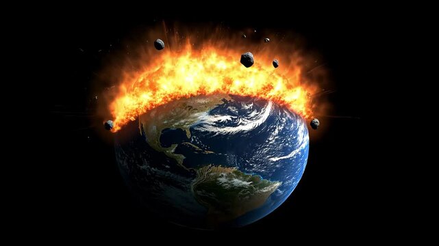 An event of cosmic proportions unfolds as asteroids collide with Earth, causing massive explosions and a fiery atmosphere. The planet is surrounded by a vivid display of destruction and chaos.