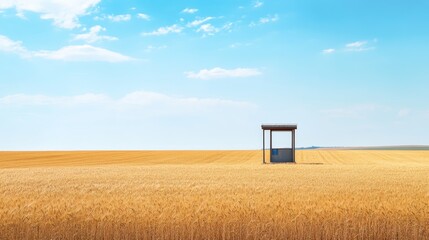 A toll booth near a vast field of golden wheat. Featuring no cars and soft midday sunlight