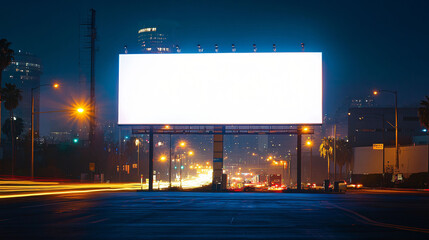 A Blank Billboard Illuminated At Night In A Cityscape