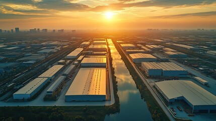 Industrial Area Aerial View: An aerial view of an industrial area emphasizing connectivity and efficiency in operations, showcasing the integration of technology in modern manufacturing.