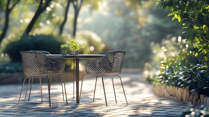 A set of modern stacking patio chairs with perforated metal backs, arranged around a small circular table on a stone-paved terrace, soft morning light creating a serene outdoor setting,