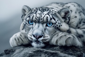 Majestic Snow Leopard Resting on Rock Stunning Blue Eyes Wild Cat