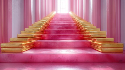 Majestic golden stairs leading to light fantasy realm digital art vibrant pink and gold environment perspective from bottom steps