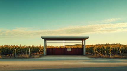 A toll booth near a vineyard with rows of grapes. Featuring no cars and golden hour sunlight