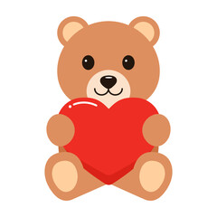 Cute teddy bear holding red heart.Happy smiling brown baby bear cartoon element for valentines, birthday or any celebration.Vector graphic illustration.  