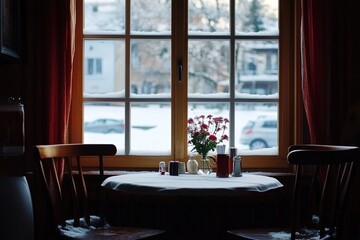 Elegant Four-Person Table in Front of the Window at a Restaurant A Beautiful Dining Spot
