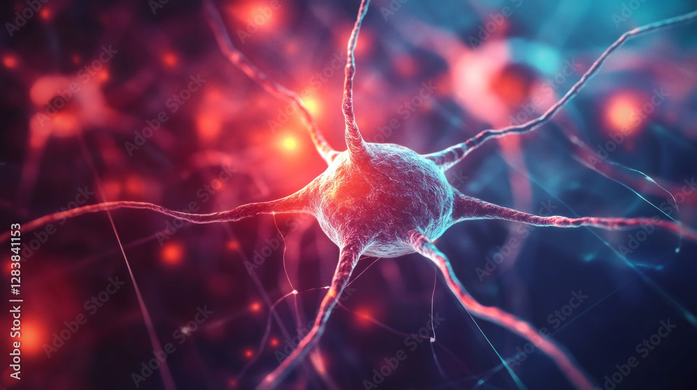 Poster glowing nerve cells propagating electrical signals through neural network, 3d rendering