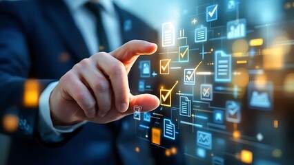 Business compliance of document management. Document or file icons and checkmark. Businessman stored documents on server according to law.