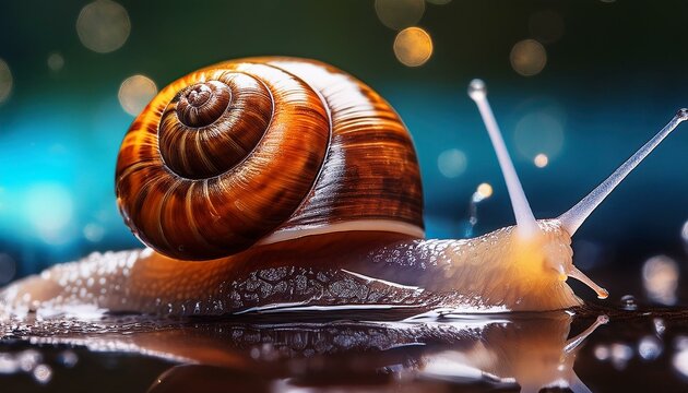 Macro photograph of a snail crawling on a wet surface, with its translucent antennae and spiral shell glistening with moisture.