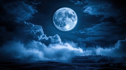 Fototapeta premium Full moon over misty forest at night, background clouds, fantasy art
