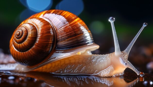 Macro photograph of a snail crawling on a wet surface, with its translucent antennae and spiral shell glistening with moisture.