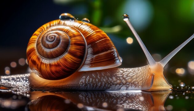 Macro photograph of a snail crawling on a wet surface, with its translucent antennae and spiral shell glistening with moisture.