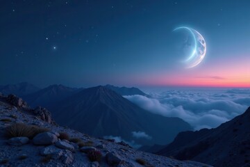 A crescent moon casts an ethereal glow on the landscape under white domes, night, mysterious