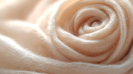 Soft, swirling fibers create a delicate, calming texture in a warm, neutral tone. Macro abstract fiber art.