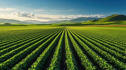 Lush Green Agricultural Field with Rows of Crops Under a Clear Sky and Scenic Mountains in the Distance during Golden Hour Lighting