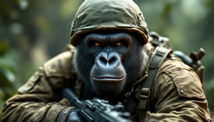 Obraz premium Gorilla soldier with a rifle and helmet on patrol