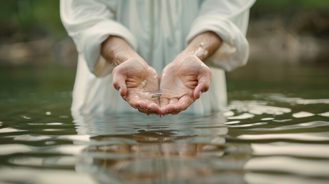 Jesus Christ, hands in water, in a white robe, christian concept