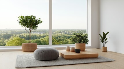 Modern japandi style living room with large window and small plant in interior design