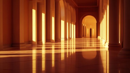 Warm Sunlit Corridor with Long Shadows and Elegant Architecture
