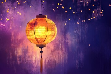 Obraz premium A glowing paper lantern hangs suspended in the starry nighttime sky