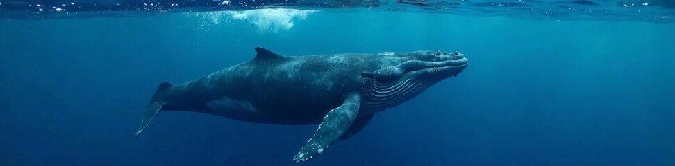 Humpback whale swims near the surface of calm blue ocean with streamlined body, blue ocean, aquatic mammal
