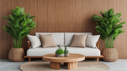 Minimalist living room with a couch and two indoor plants in a clean and bright environment