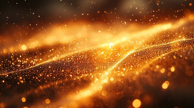 Dynamic golden particles dancing in the air abstract imagery digital art ethereal environment close-up view beauty of light and motion