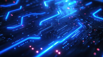 Futuristic circuit board, glowing blue lines, dark background, technological innovation