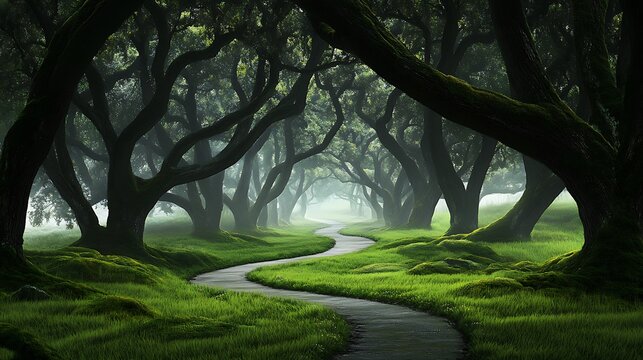Misty Morning Path Through an Ancient Grove AI Generated