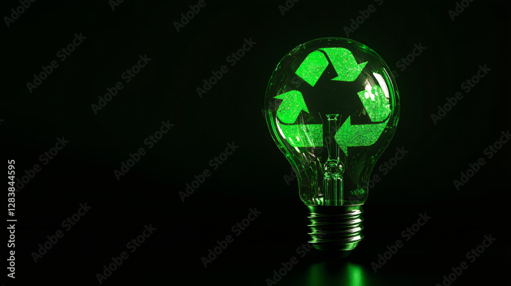 Poster light bulb with glowing green recycle symbol promoting eco-friendly practices and raising environmen