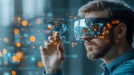 Exploring virtual reality technology a man engaging with digital data in a modern workspace environment futuristic perspective on innovation